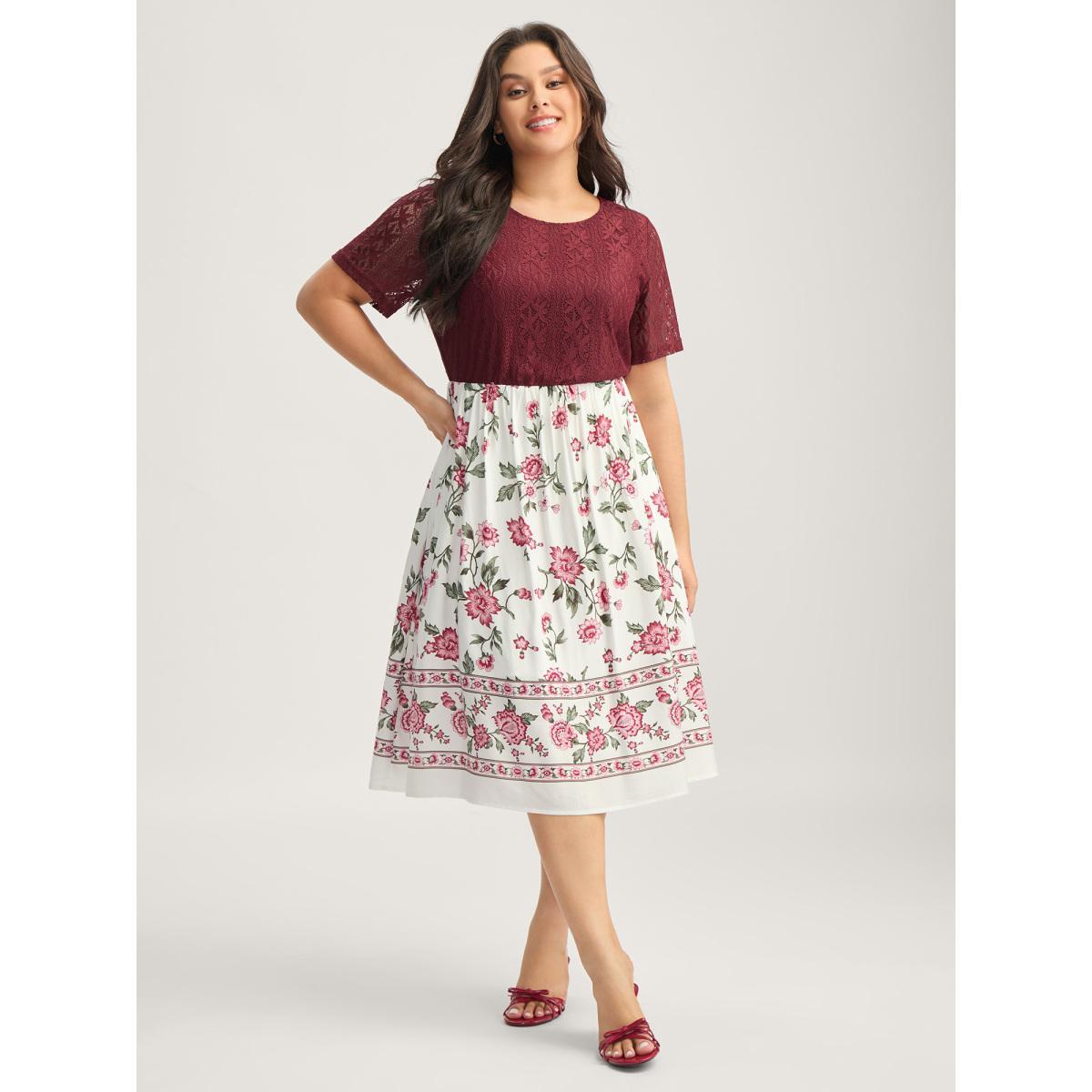 Plus Size Floral Lace Stretchy Waist Contrast Midi Dress Burgundy Women Round Neck Short sleeve Curvy BloomChic 14-16/1X Product Image