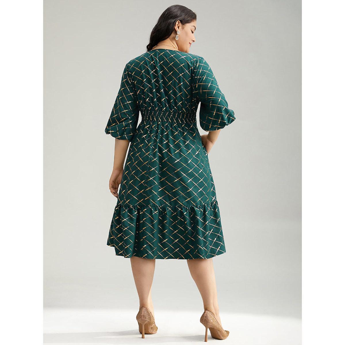 Plus Size Glitter Plaid Lantern Sleeve Ruffle Hem Dress DarkGreen Women Party Elastic cuffs V-neck Elbow-length sleeve Curvy Midi Dress BloomChic 28/5X Product Image