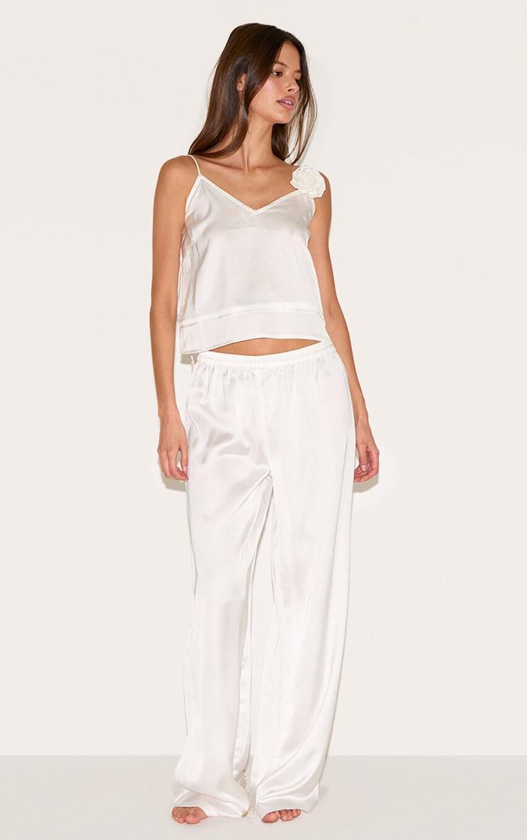 White Satin Flower Trim Cami Long Pj Set Product Image