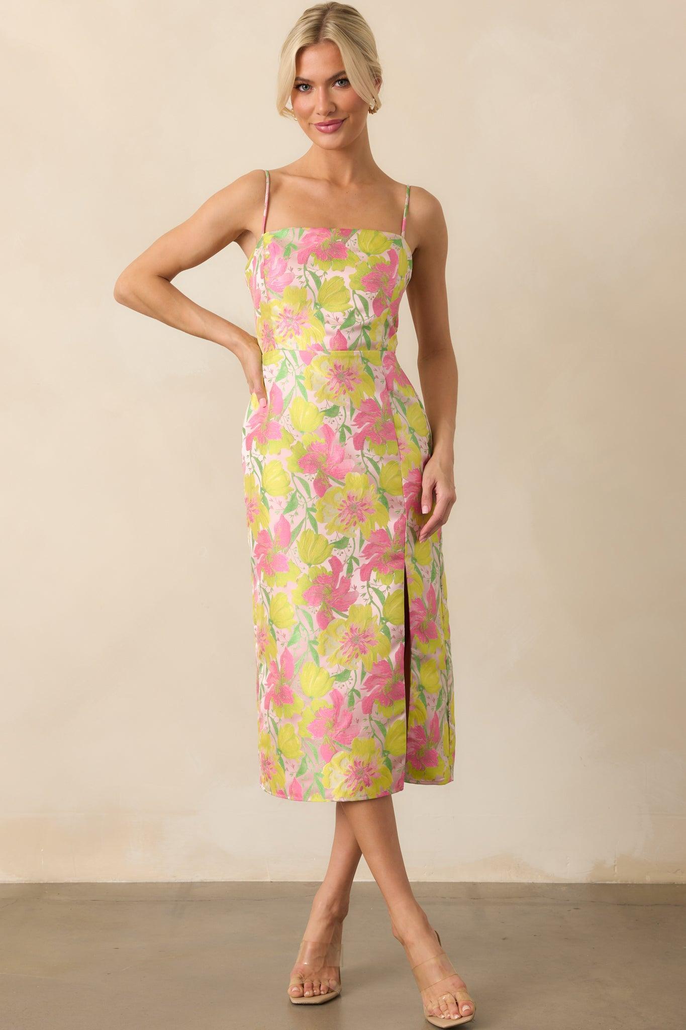 All Of Your Greatness Light Pink Floral Print Jacquard Midi Dress Product Image