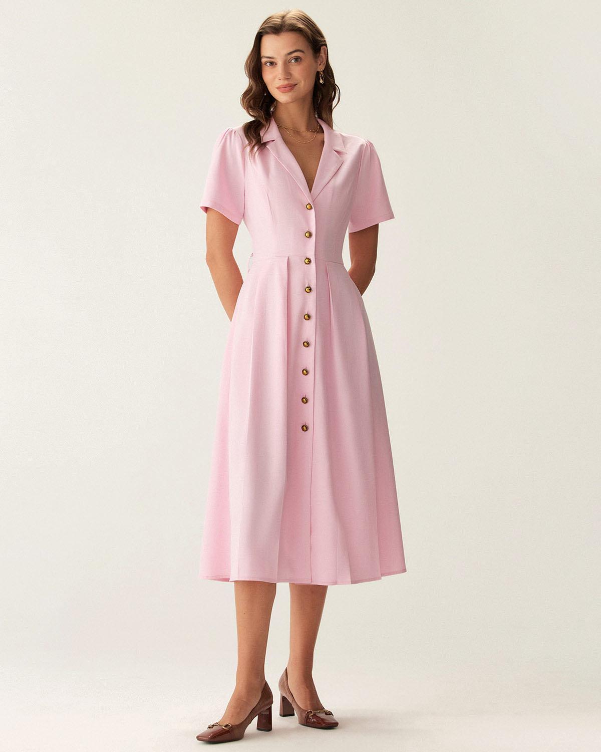Pink V Neck Pleated Button Midi Dress Product Image