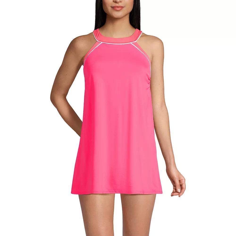 Women's Lands' End UPF 50 High Neck One-Piece Swim Dress, Size: 8, Rouge Pink Wood Lily Product Image
