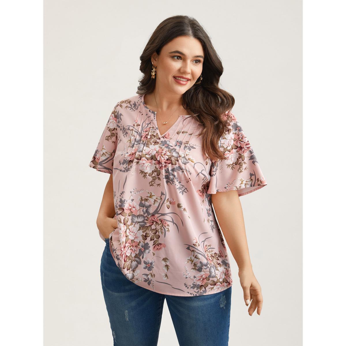 Plus Size Nudepink Spring Pattern Neck Cut-Out Pleated Shirt Women Elegant Short sleeve Notched collar Everyday Blouses BloomChic 30/6X Product Image