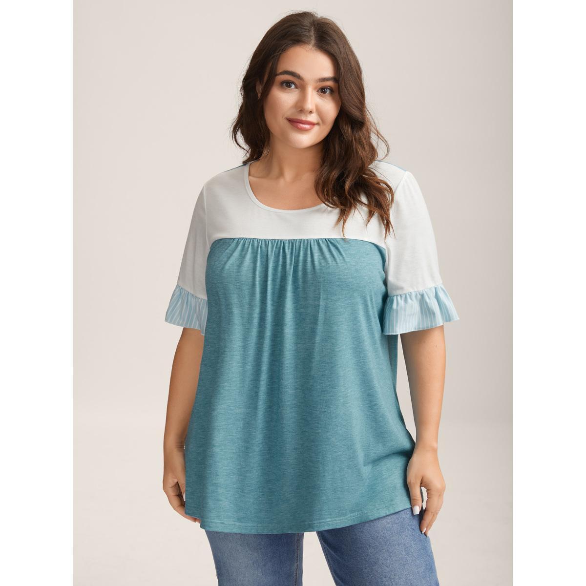 Plus Size Color Contrast Lotus Leaf Sleeve T-Shirt Cerulean Women Gathered Round Neck Everyday-Casual T-shirts BloomChic 10/M Product Image