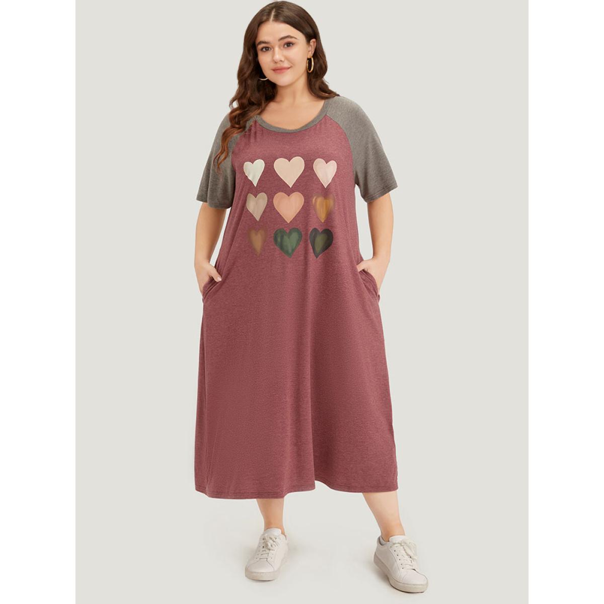 Plus Size Supersoft Essentials Heart Print Round Neck Raglan Sleeve Dress Burgundy Women Casual Printed Curvy Midi Dress BloomChic 12/L Product Image