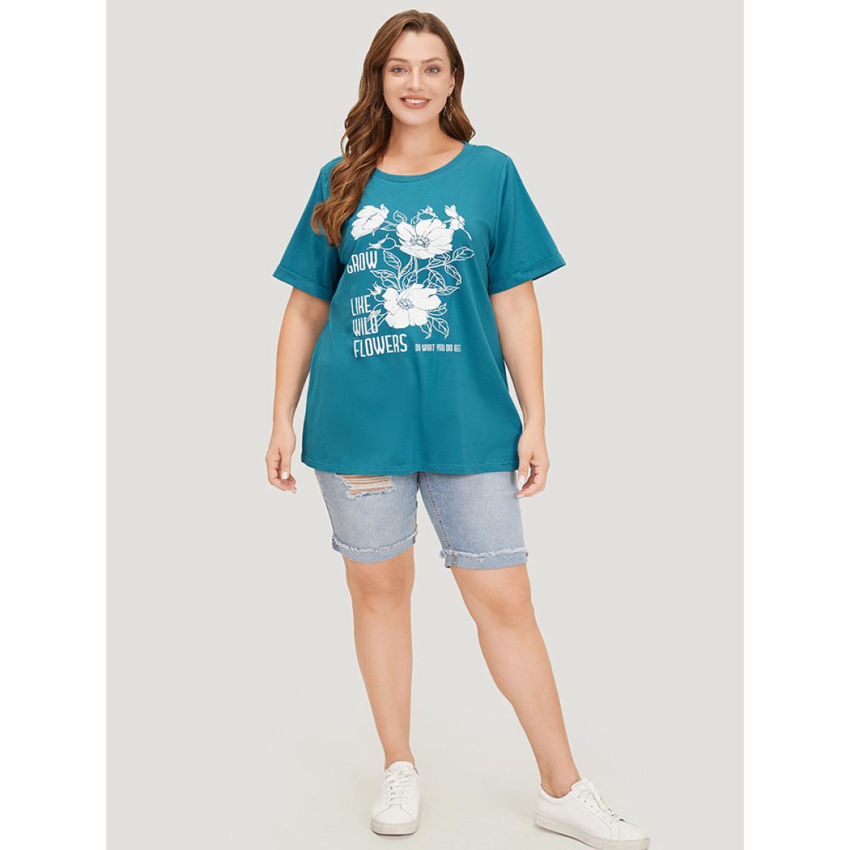 Plus Size Floral & Letter Roll Sleeve T-shirt Cerulean Women Casual Printed Natural Flowers Dailywear T-shirts BloomChic 18-20/2X Product Image