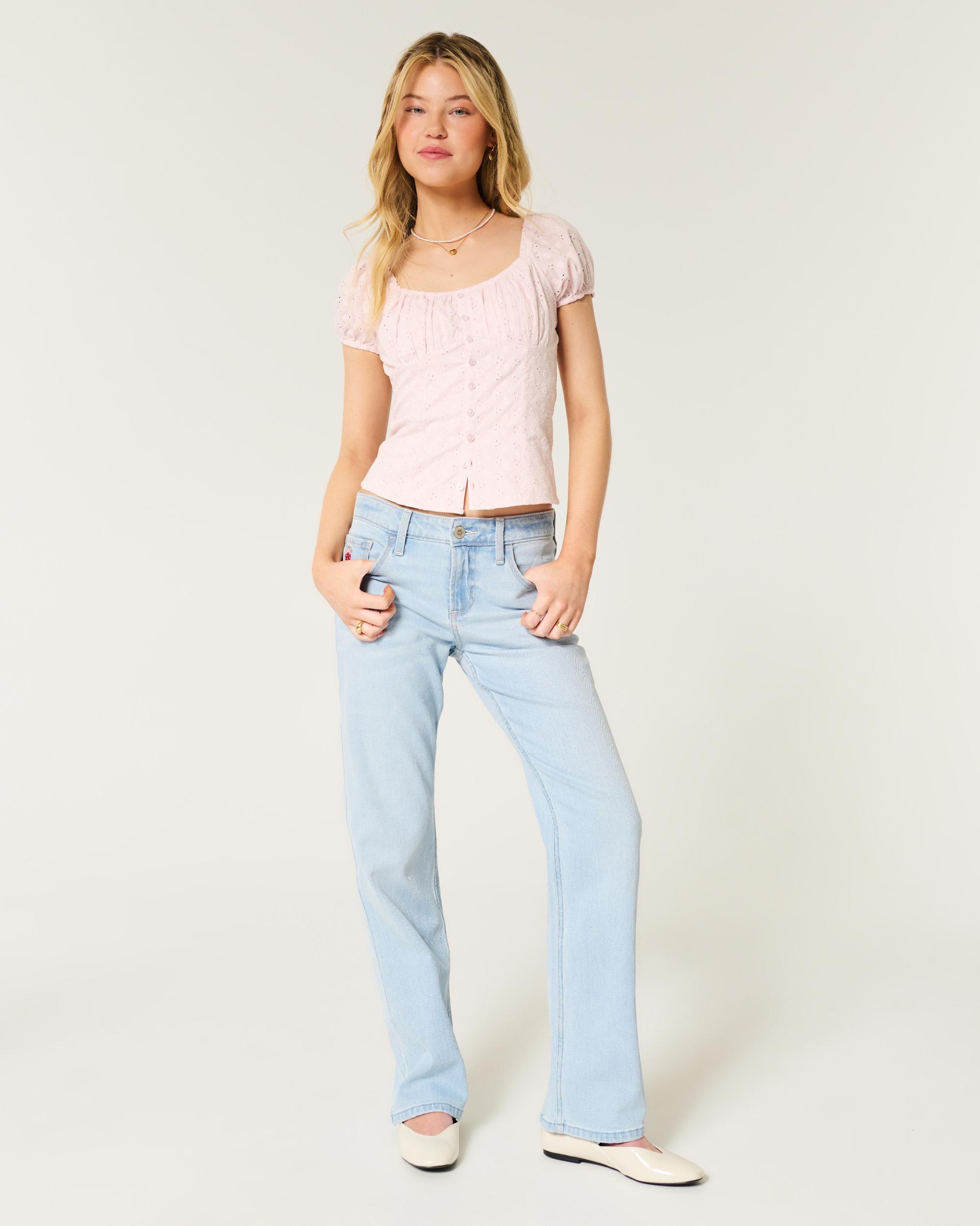 Low-Rise Light Wash Strawberry Graphic Relaxed Straight Jeans Product Image