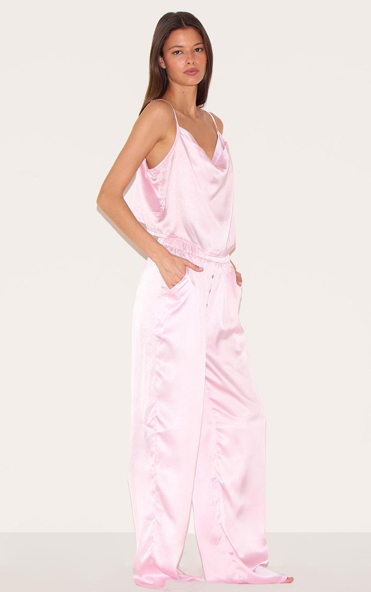 Pink Satin Cowl Neck Cami And Button Pant PJ Set Product Image