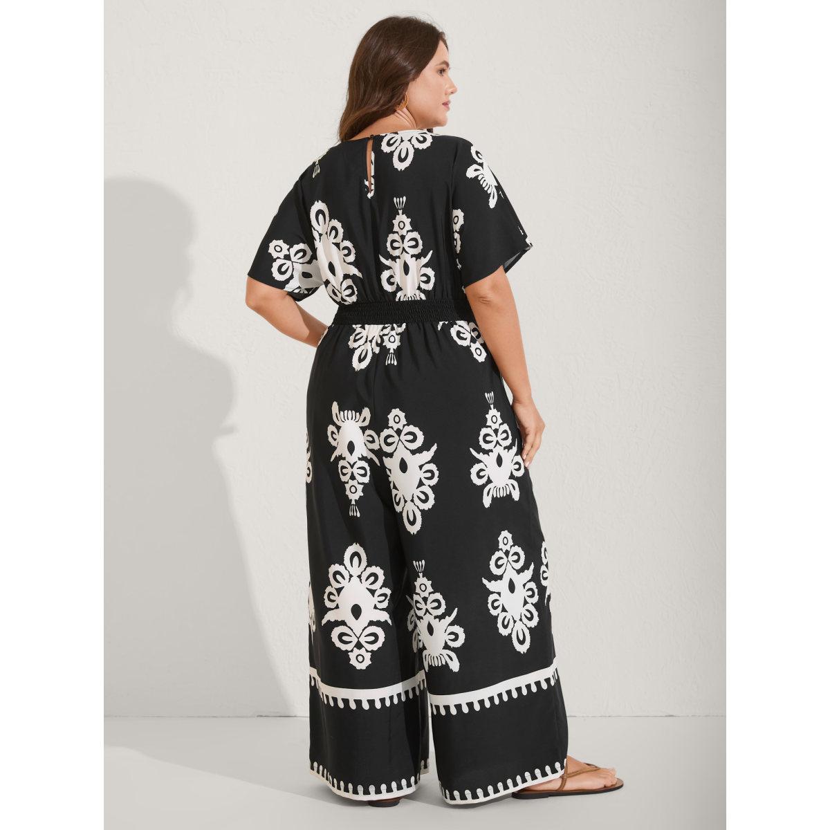 Plus Size Black Boho Print Shirred Waist Surplice Jumpsuit Women Short sleeve V-neck Vacation Loose Jumpsuits BloomChic 28/5X Product Image