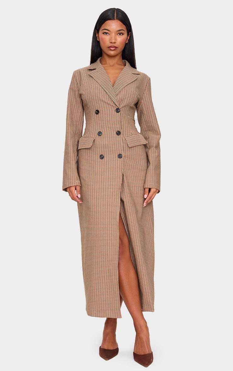 Brown Check Woven Blazer Maxi Dress Product Image
