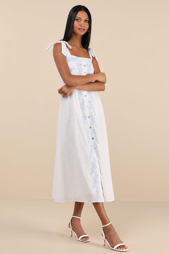 Corinthia White Embroidered Button-Front Midi Dress Product Image