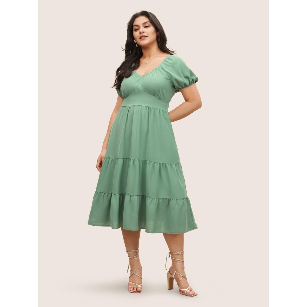 Plus Size Solid Gathered Lantern Sleeve Ruffle Layered Hem Dress Mint Women Elegant Non V-neck Short sleeve Curvy Midi Dress BloomChic 26/4X Product Image
