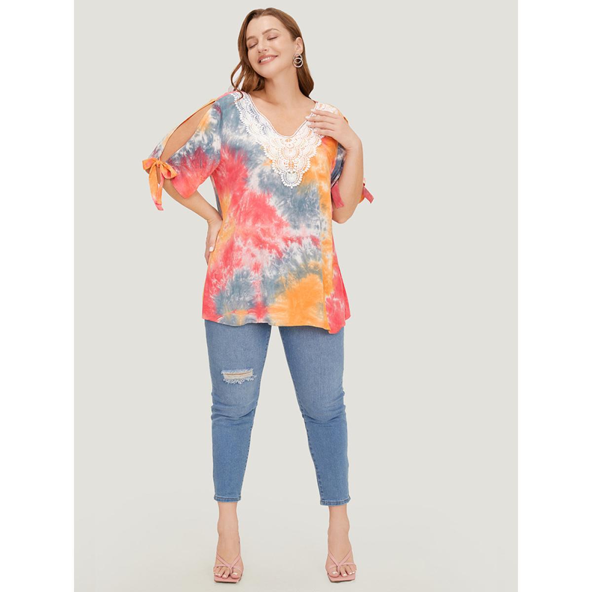 Plus Size Multicolor Tie Dye Lace Cut Out Knot Sleeve Blouse Women Elegant Half Sleeve V-neck Dailywear Blouses BloomChic 10/M Product Image