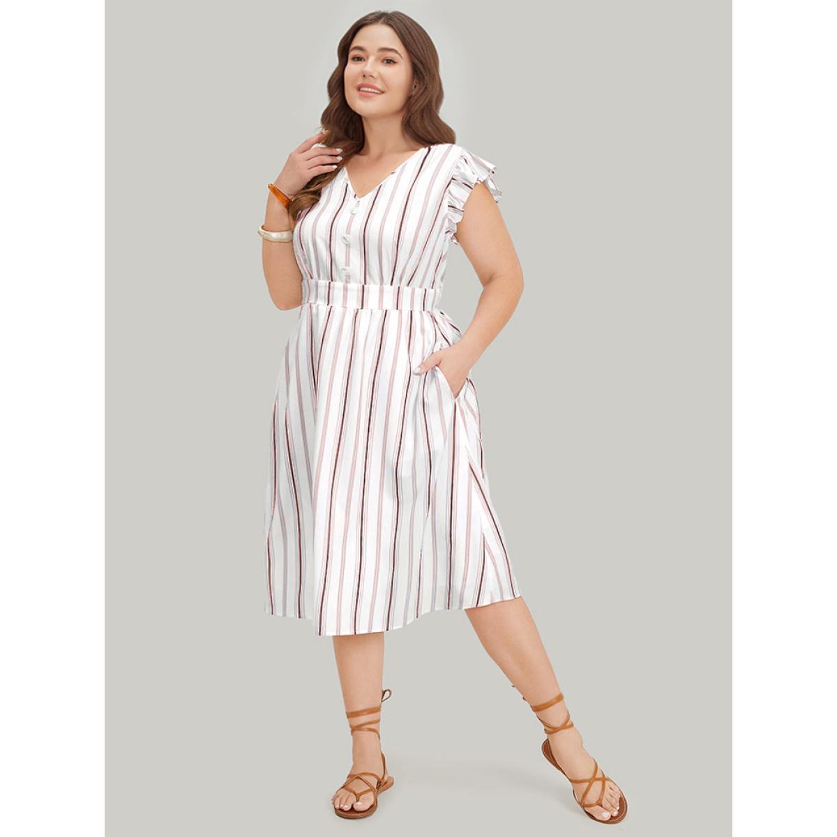 Plus Size Striped Ruffle Cap Sleeve Button Detail Wideband Waist Dress Scarlet Women Elegant Elastic Waist V-neck Cap Sleeve Curvy Midi Dress BloomChic 26/4X Product Image