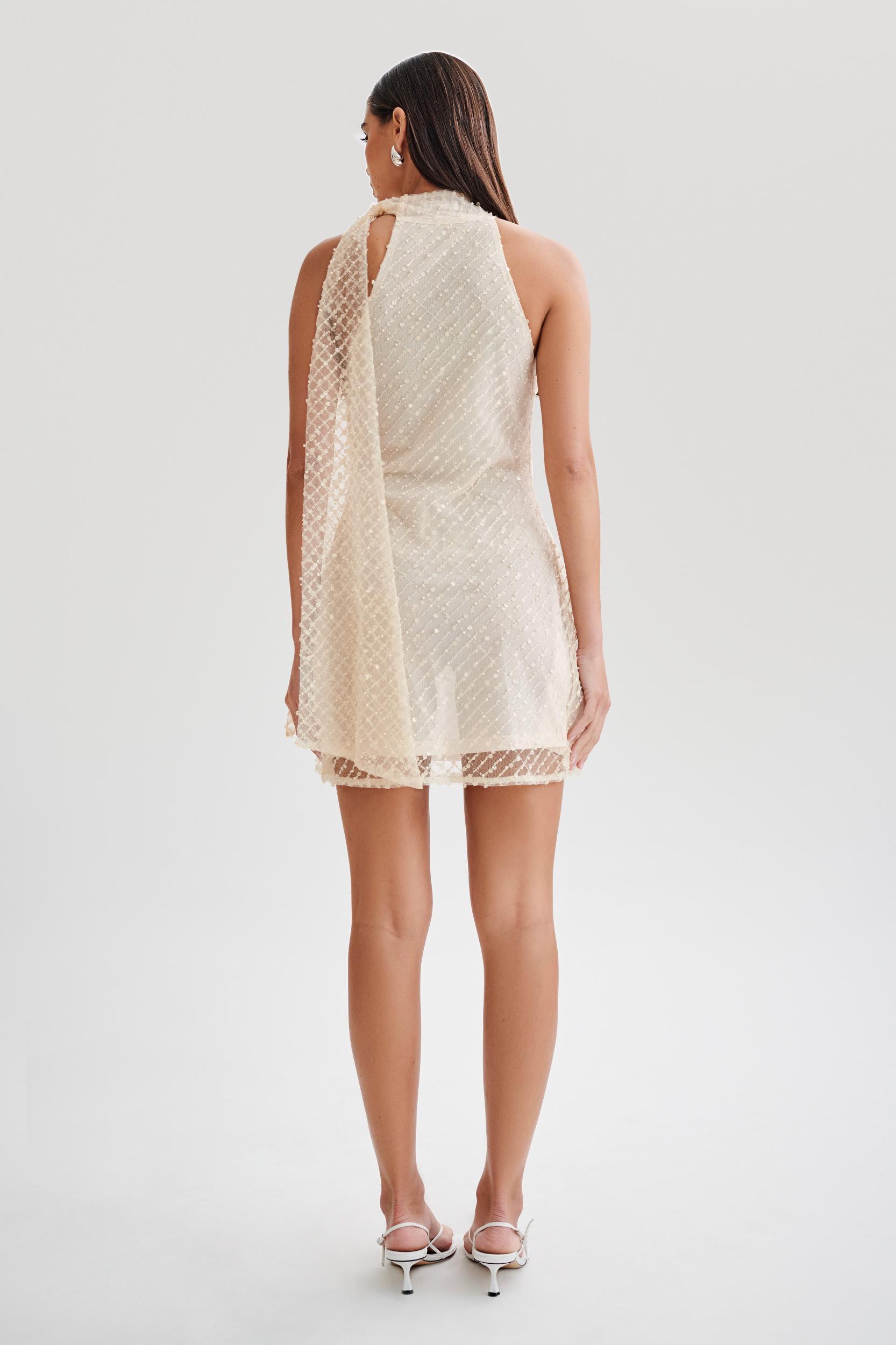 Aubriella Sequin Halter Mini Dress With Tie - Buttercream Product Image