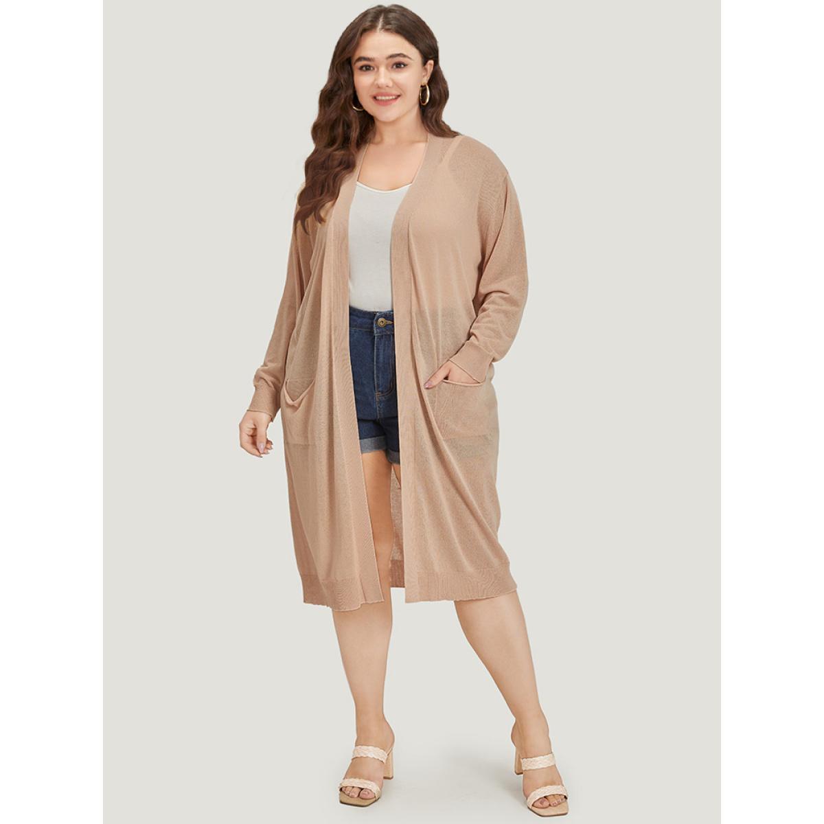 Plus Size Solid Patched Pocket Open Front Breathable Maxi Cardigan Apricot Women Casual Loose Long Sleeve Everyday Cardigans BloomChic 12/L Product Image