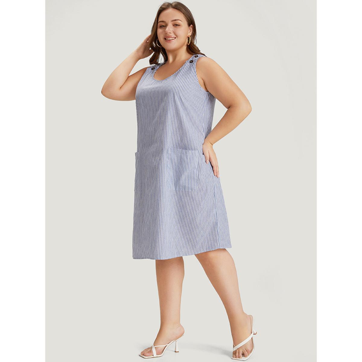 Plus Size Striped Patched Pocket Adjustable Button Dress LightBlue Women Casual Adjustable Straps Round Neck Sleeveless Curvy Knee Dress BloomChic 22-24/3X Product Image