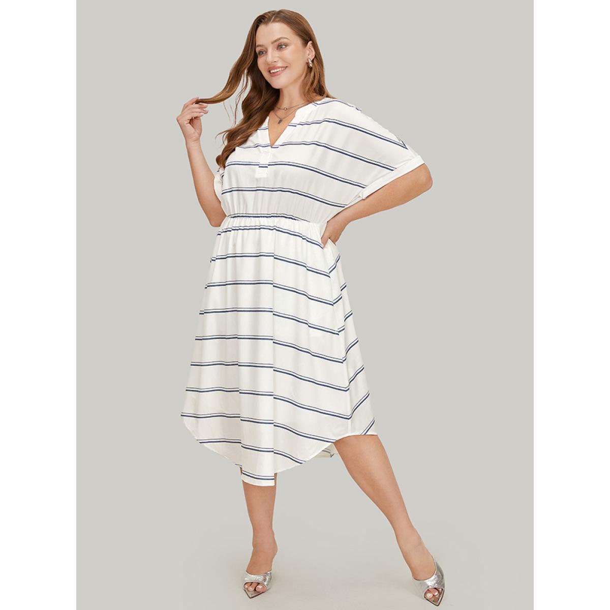 Plus Size Striped Notched Neck Pocket Roll Batwing Sleeve Dress White Women Office Lined Notched collar Short sleeve Curvy Midi Dress BloomChic 30/6X Product Image