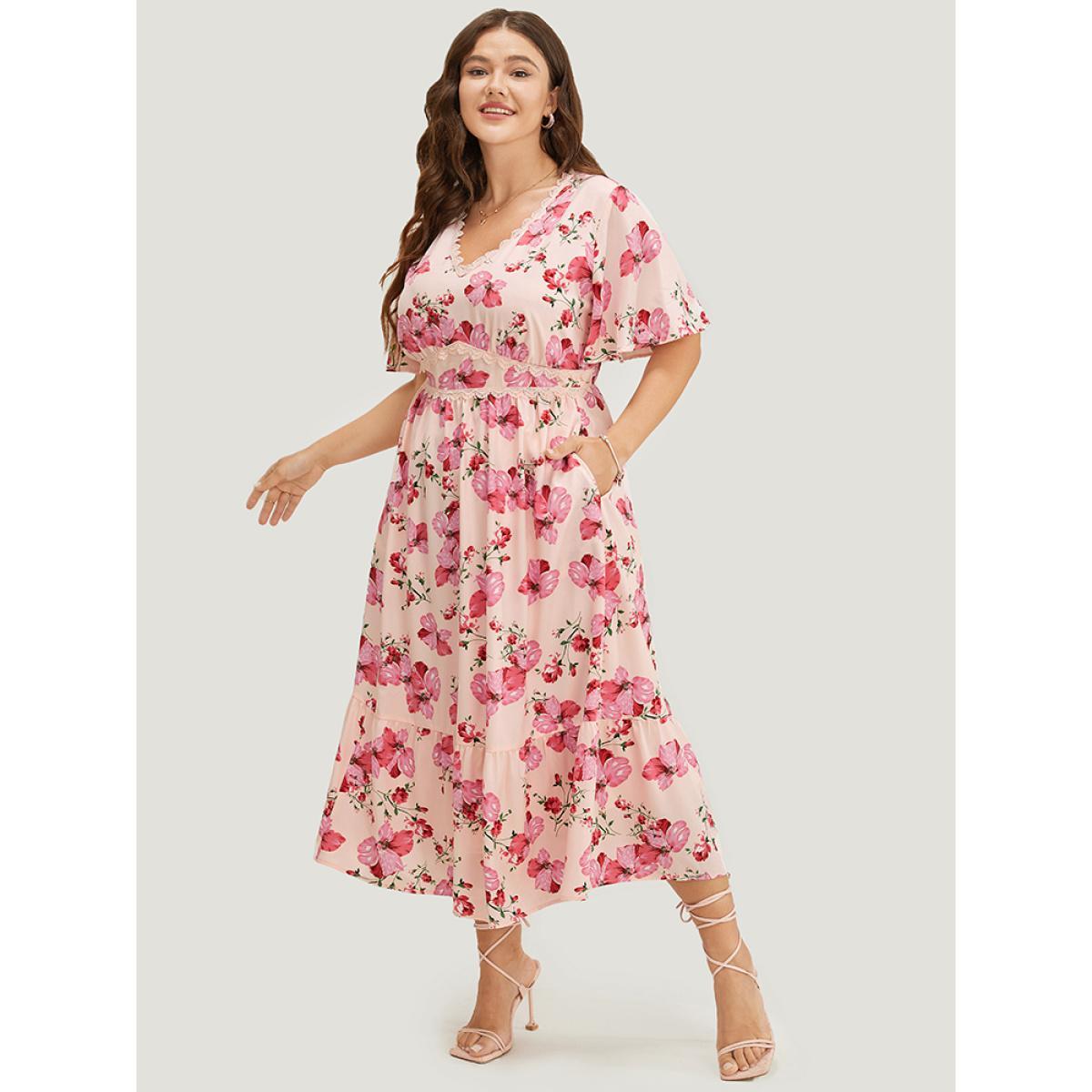 Plus Size Floral Print Lace Pocket Ruffle Hem Empire Waist Dress Pink Women Elegant Pocket V-neck Short sleeve Curvy Midi Dress BloomChic 10/M Product Image