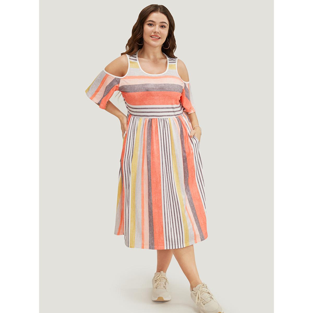 Plus Size Striped Contrast Pocket Cold Shoulder Ruffle Midi Dress Multicolor Women Casual Contrast Cold Shoulder Short sleeve Curvy Midi Dress BloomChic 28/5X Product Image