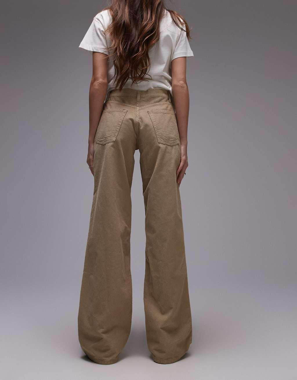 Topshop cord Ember low rise wide leg jeans in buttermilk Product Image