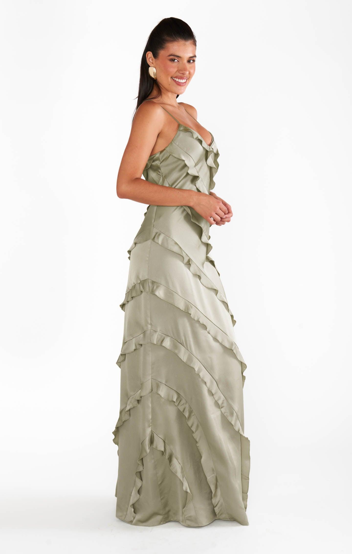 Romance Ruffle Dress ~ Moss Green Luxe Satin Product Image