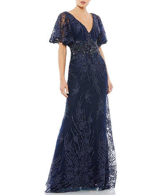 Mac Duggal Embellished Illusion V-Neck Sheer Butterfly Short Flutter Sleeve Sheath Gown Product Image