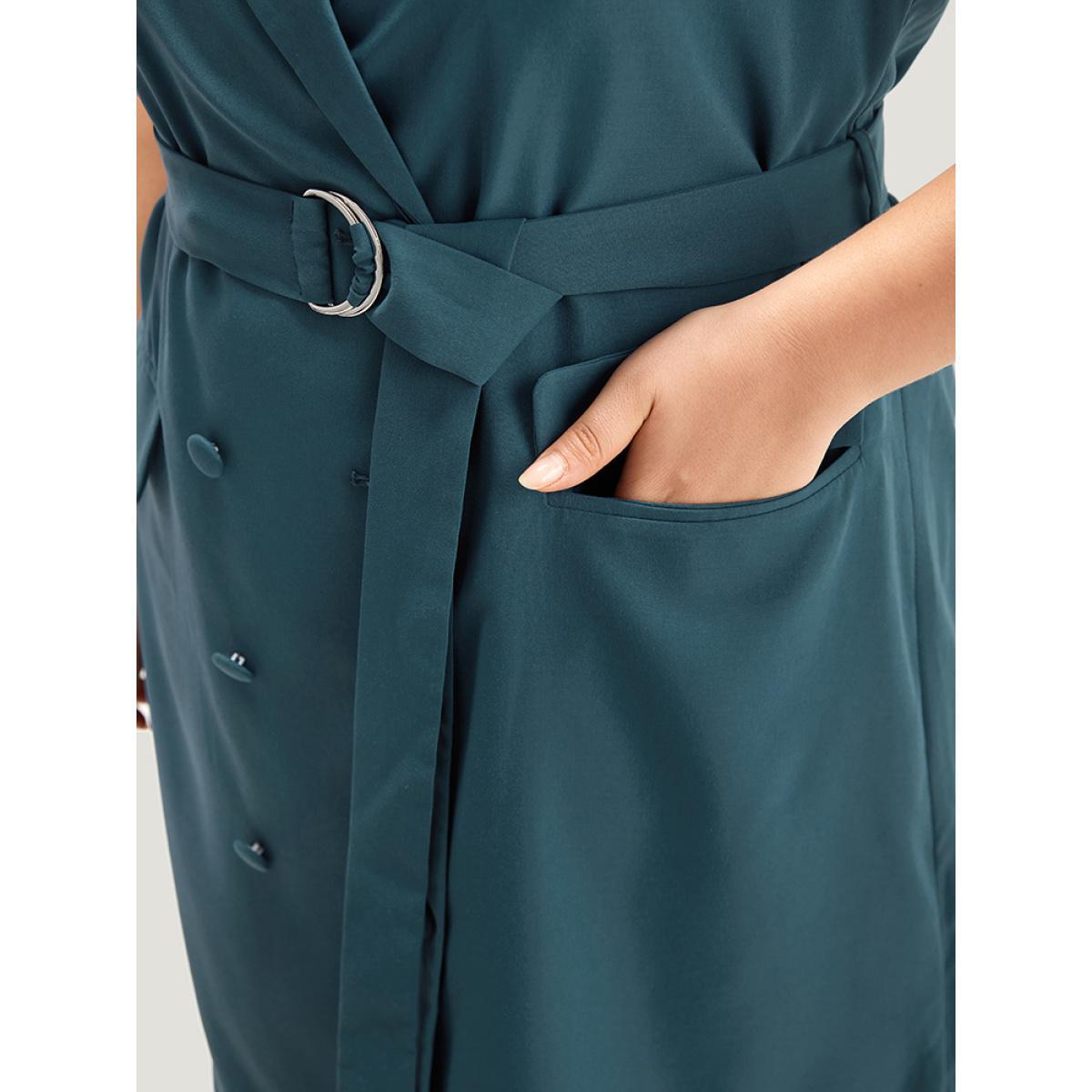 Plus Size Plain Belted Lapel Collar Sleeveless Blazer Aegean Women Work Plain Plain Sleeveless Sleeveless Lapel Collar 14-16/1X Pocket Belt Office Blazers BloomChic Product Image