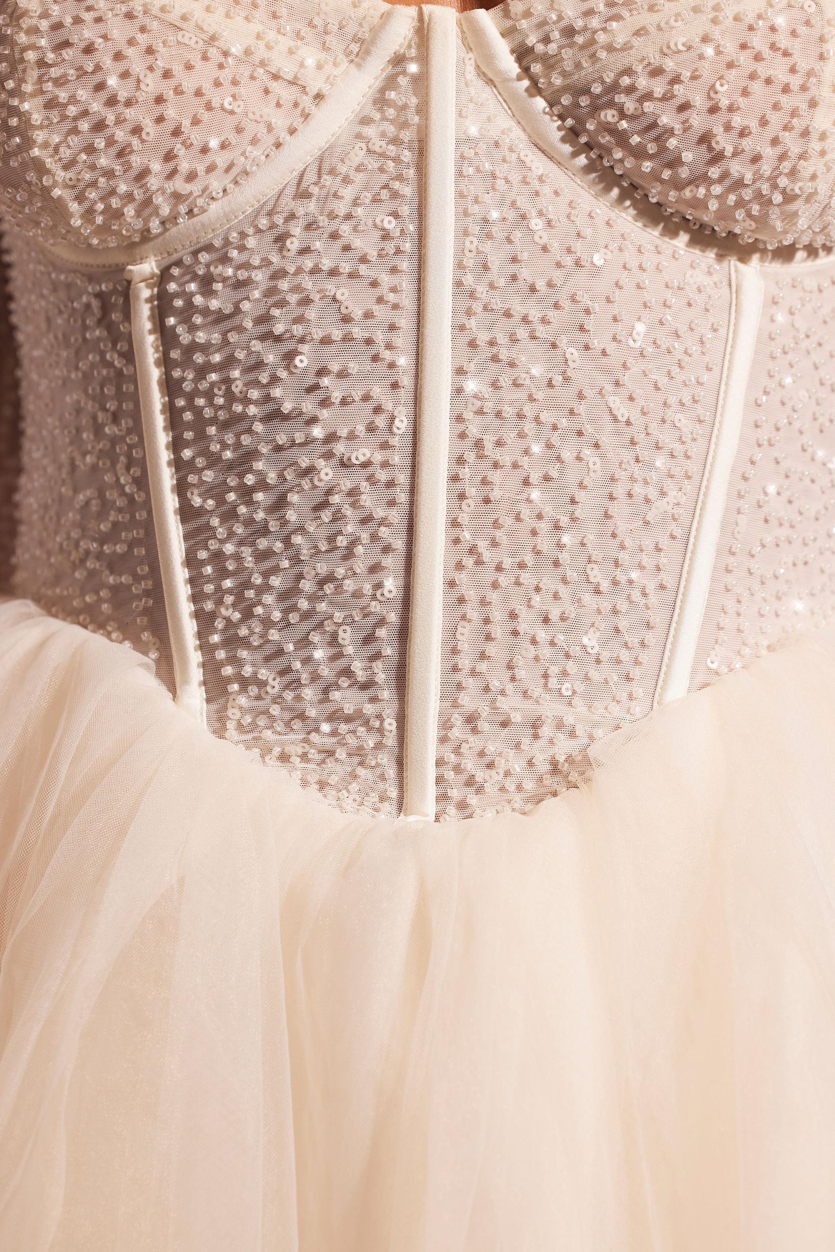 Embellished Long Sleeve Tulle Skirt Mini Dress in Ivory Product Image