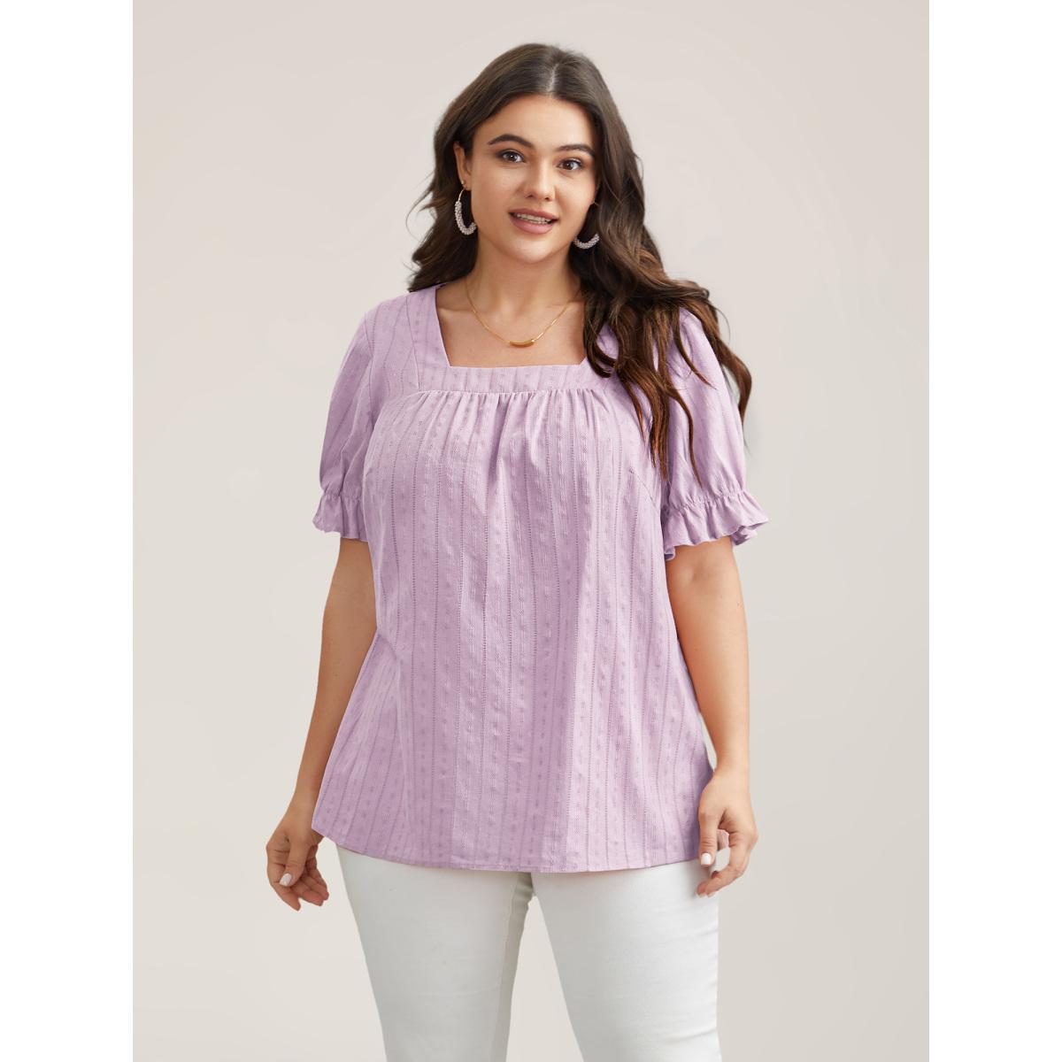 Plus Size Lilac Cotton Square Neck Ruffled Sleeve Shirt Women Elegant Short sleeve Square Neck Everyday Blouses BloomChic 26/4X Product Image