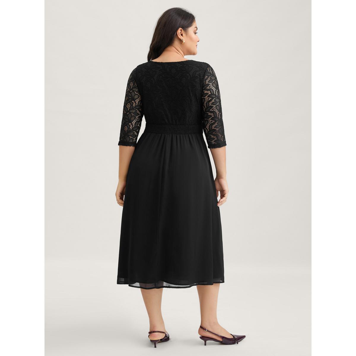 Plus Size Lace Patchwork Shirred Midi Pocket Dress Black Women Cocktail Woven ribbon&lace trim Round Neck Elbow-length sleeve Curvy BloomChic 22-24/3X Product Image