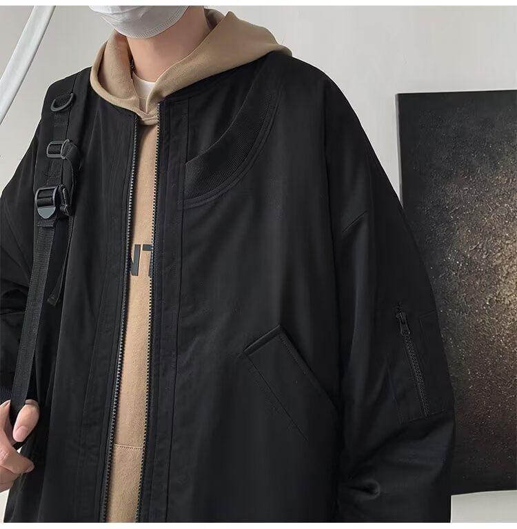 Stand Collar Plain Zip Bomber Jacket Product Image