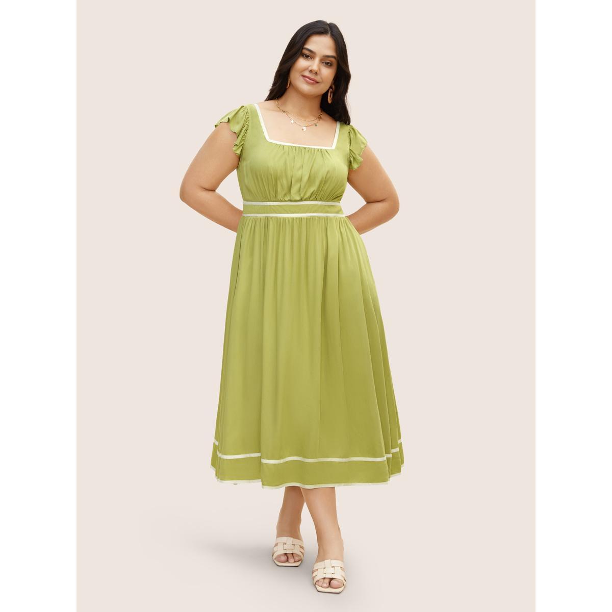 Plus Size Contrast Webbing Ruffle Cap Sleeve Dress LightGreen Women Resort Gathered Square Neck Cap Sleeve Curvy BloomChic 18-20/2X Product Image