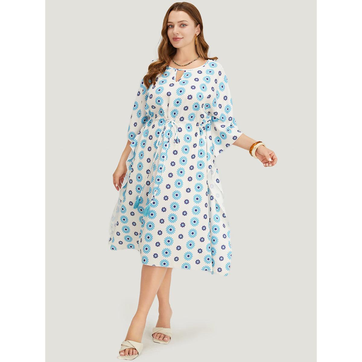 Plus Size Floral Batwing Sleeve Keyhole Knotted Neck Split Dress Cerulean Women Vacation Round Neck Half Sleeve Curvy Midi Dress BloomChic 18-20/2X Product Image