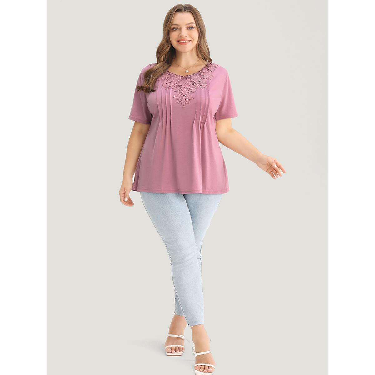 Plus Size Solid Floral Patchwork Pleated Front T-shirt Lilac Women Elegant Plain Round Neck Dailywear T-shirts BloomChic 14-16/1X Product Image