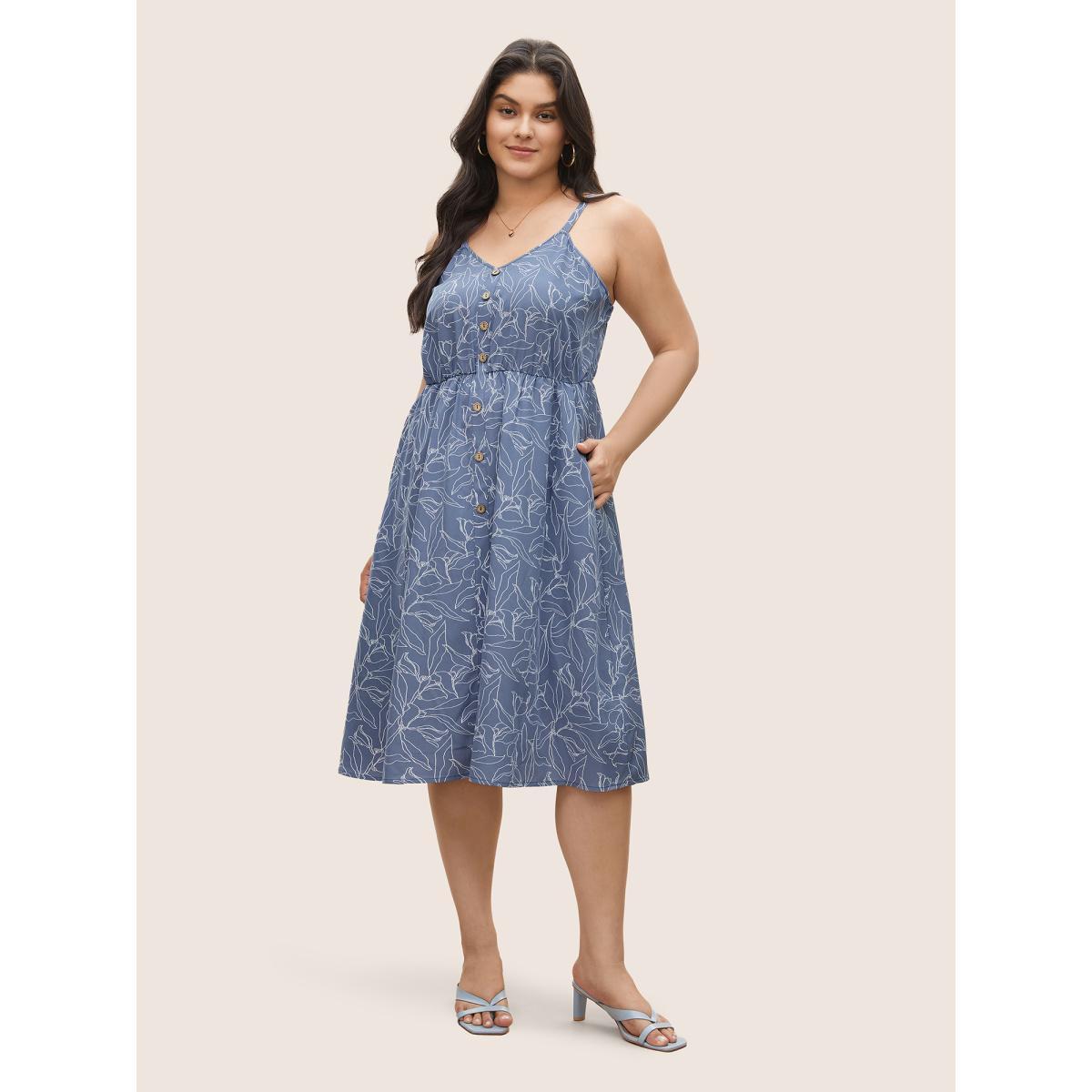 Plus Size Floral Print Button Detail Cami Dress Stone Women Elegant Non V-neck Sleeveless Curvy Midi Dress BloomChic 26/4X Product Image