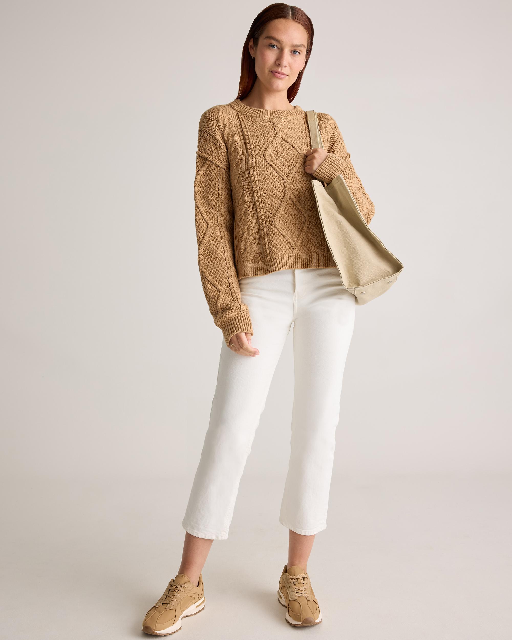 Quince | Women's Cropped Cable Crew Sweater Size XS, Organic Cotton Product Image