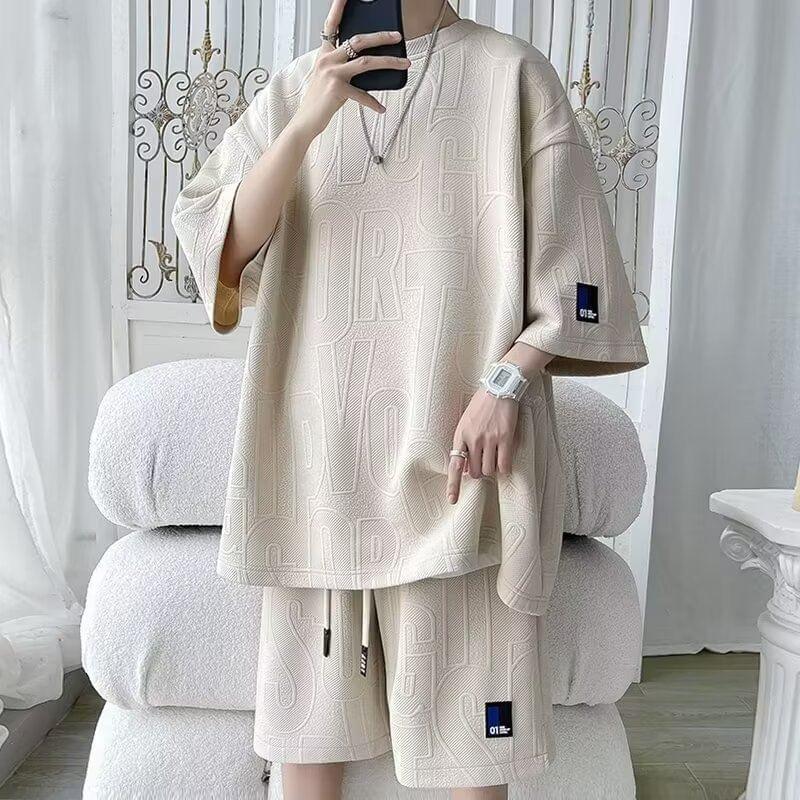 Set: Elbow-Sleeve Crew Neck Lettering Embossed Applique T-Shirt + Drawstring Waist Sweat Shorts Product Image