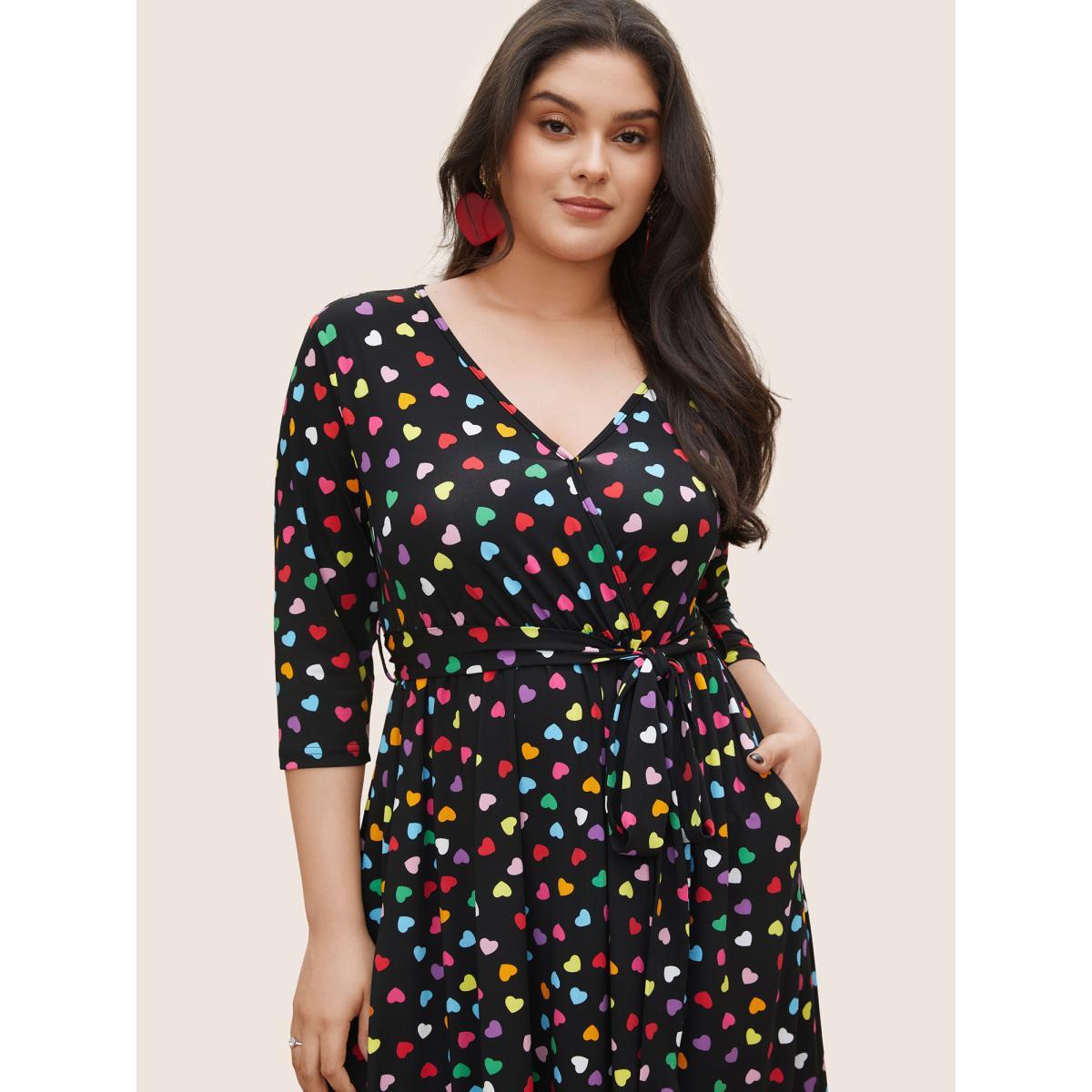 Plus Size Colored Heart Print Belted Overlap Collar Dress Black Women Casual Belted Overlap Collar Elbow-length sleeve Curvy Midi Dress BloomChic 12/L Product Image