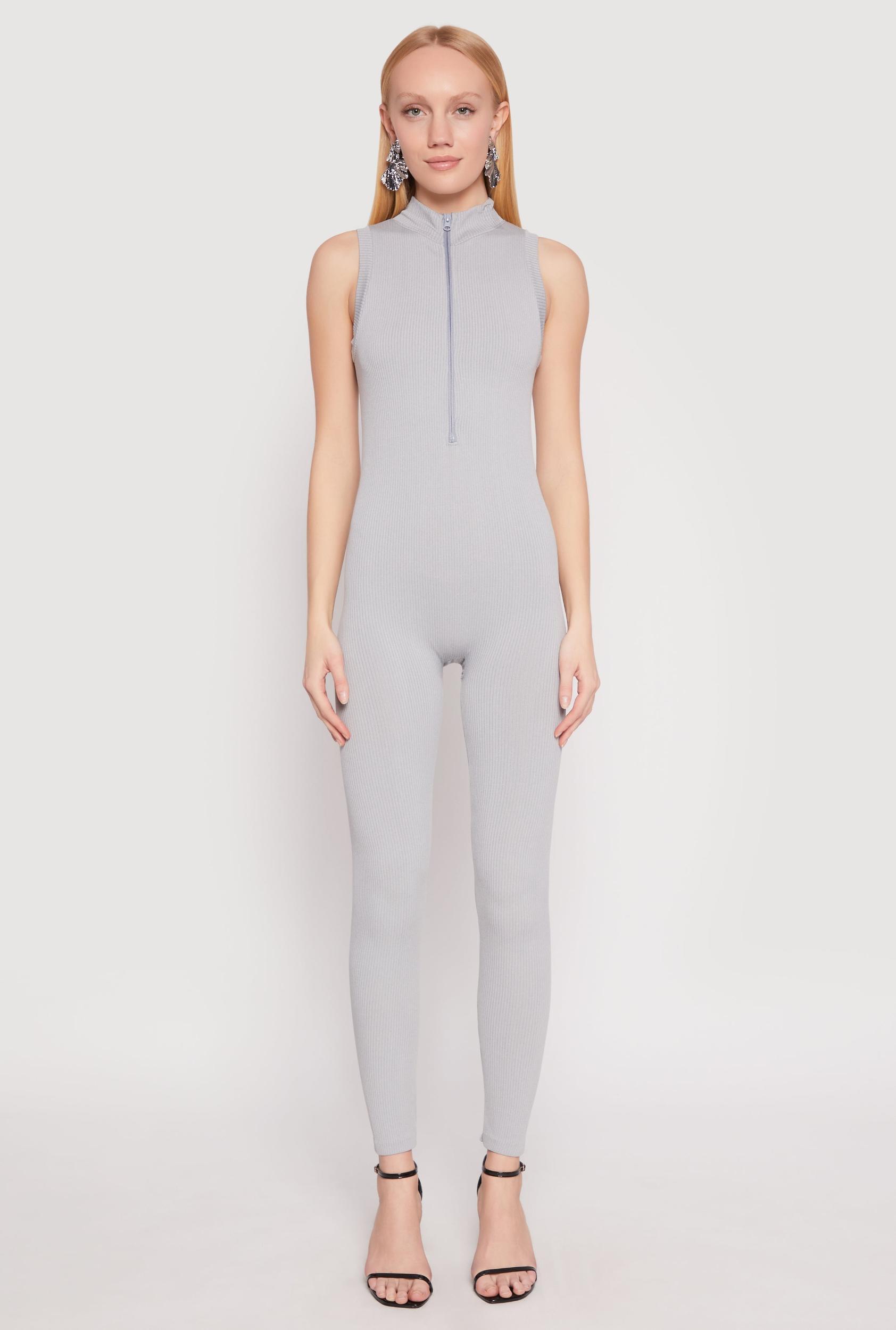 Womens Ribbed Knit Sleeveless Half Zip Catsuit Product Image