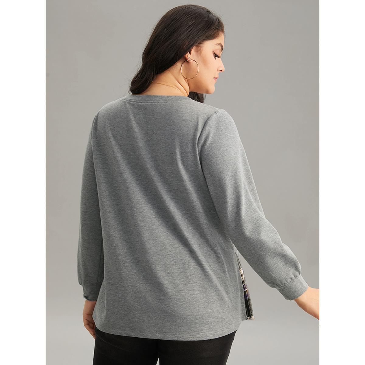 Plus Size Plaid Patchwork Contrast Crew Neck Sweatshirt Women Gray Casual Contrast Round Neck Dailywear Sweatshirts BloomChic 28/5X Product Image