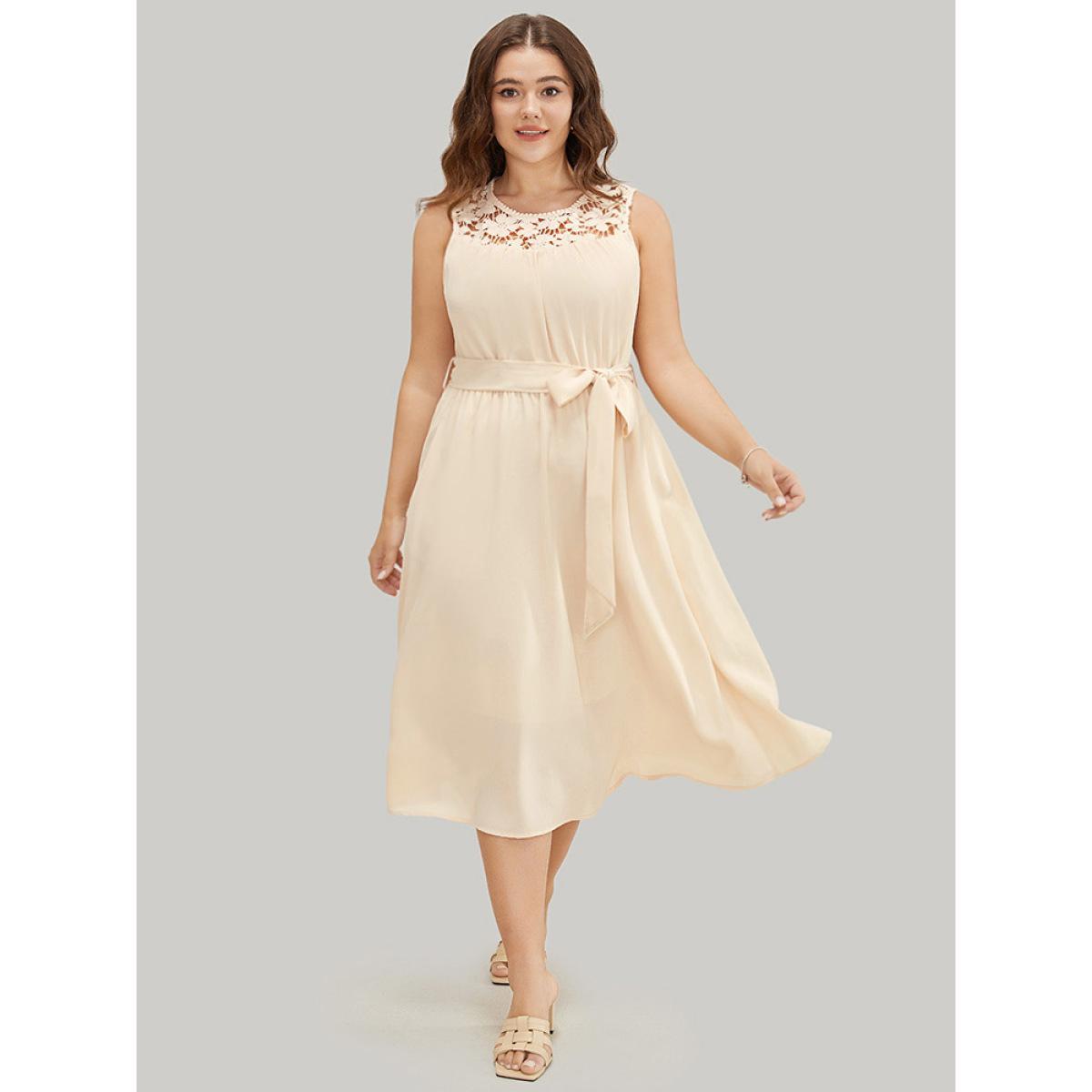 Plus Size Plain Contrast Lace Keyhole Belted Pocket Pompom Trim Tank Dress Beige Women Elegant Lined Round Neck Sleeveless Curvy Midi Dress BloomChic 22-24/3X Product Image