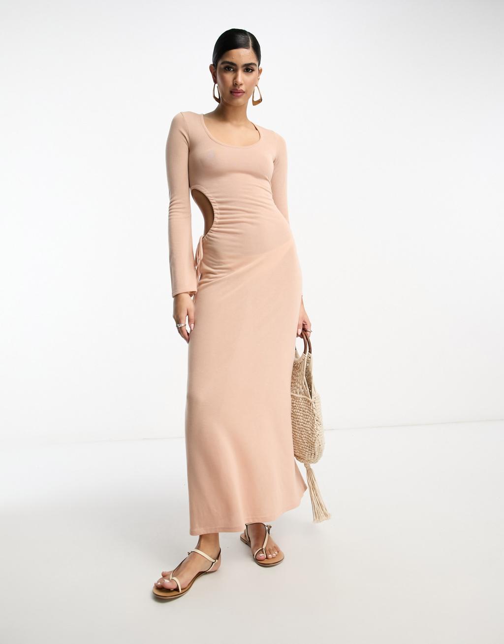 ASOS DESIGN Scoop ruched side maxi dress with long sleeve in light pink Product Image