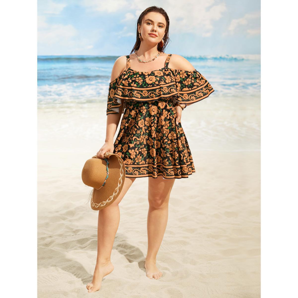 Plus Size Floral One Shoulder Neck Ruffles Swim Dress Women's Swimwear Black Beach Bodycon One-shoulder neck High stretch Curve Swim Dresses BloomChic 26/4X Product Image