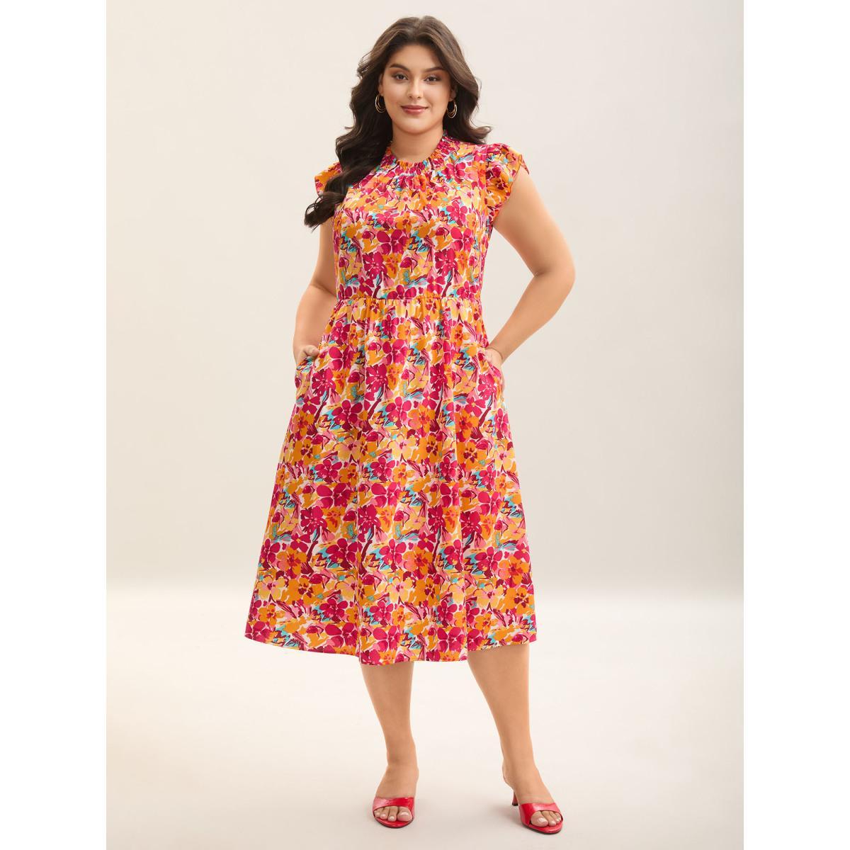 Plus Size Floral Print Shirred Pockets Midi Dress Peach Women Elegant Frill Trim Mock Neck Cap Sleeve Curvy BloomChic 26/4X Product Image