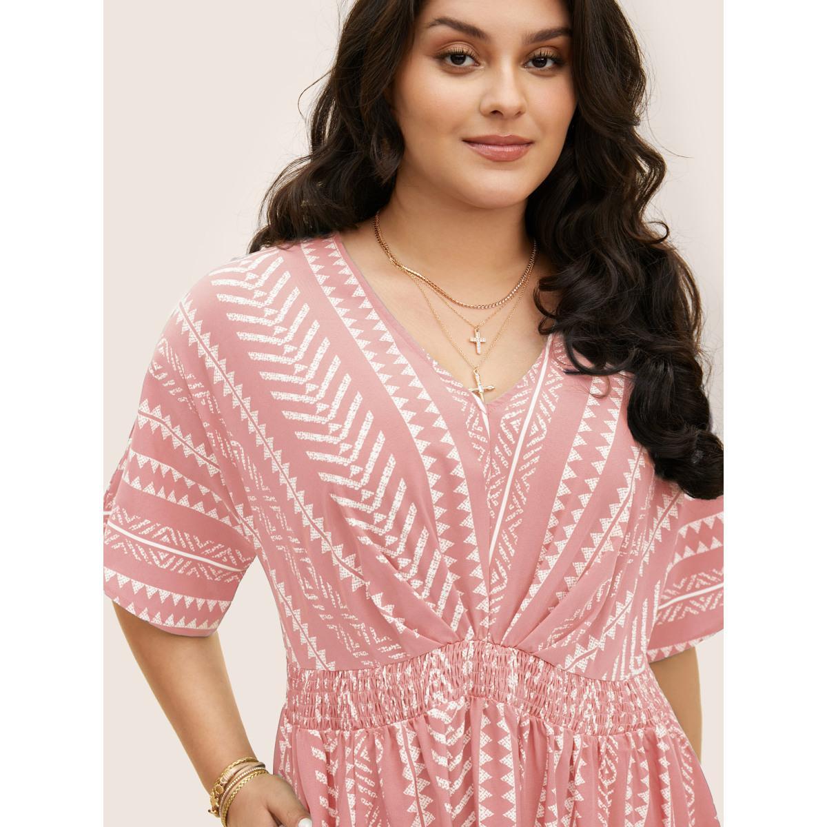 Plus Size Solid Geometric Dolman Sleeve Pocket Shirred Split Hem Dress Crepe Women Resort Non V-neck Half Sleeve Curvy Long Dress BloomChic 18-20/2X Product Image