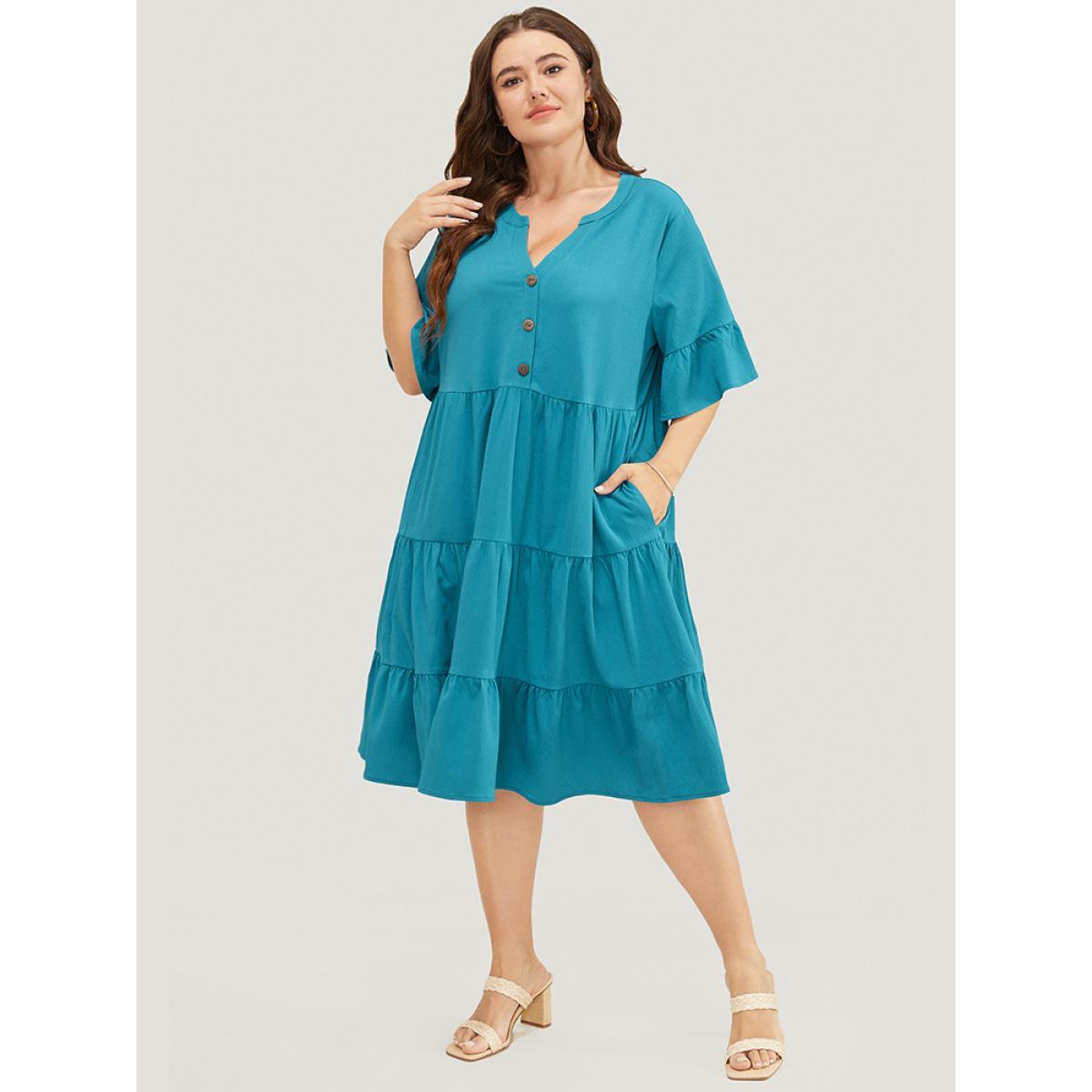 Plus Size Solid Button Detail Pocket Ruffle Tiered Bell Sleeve Midi Dress Cerulean Women Vacation Stand-up collar Half Sleeve Curvy Knee Dress BloomChic 10/M Product Image