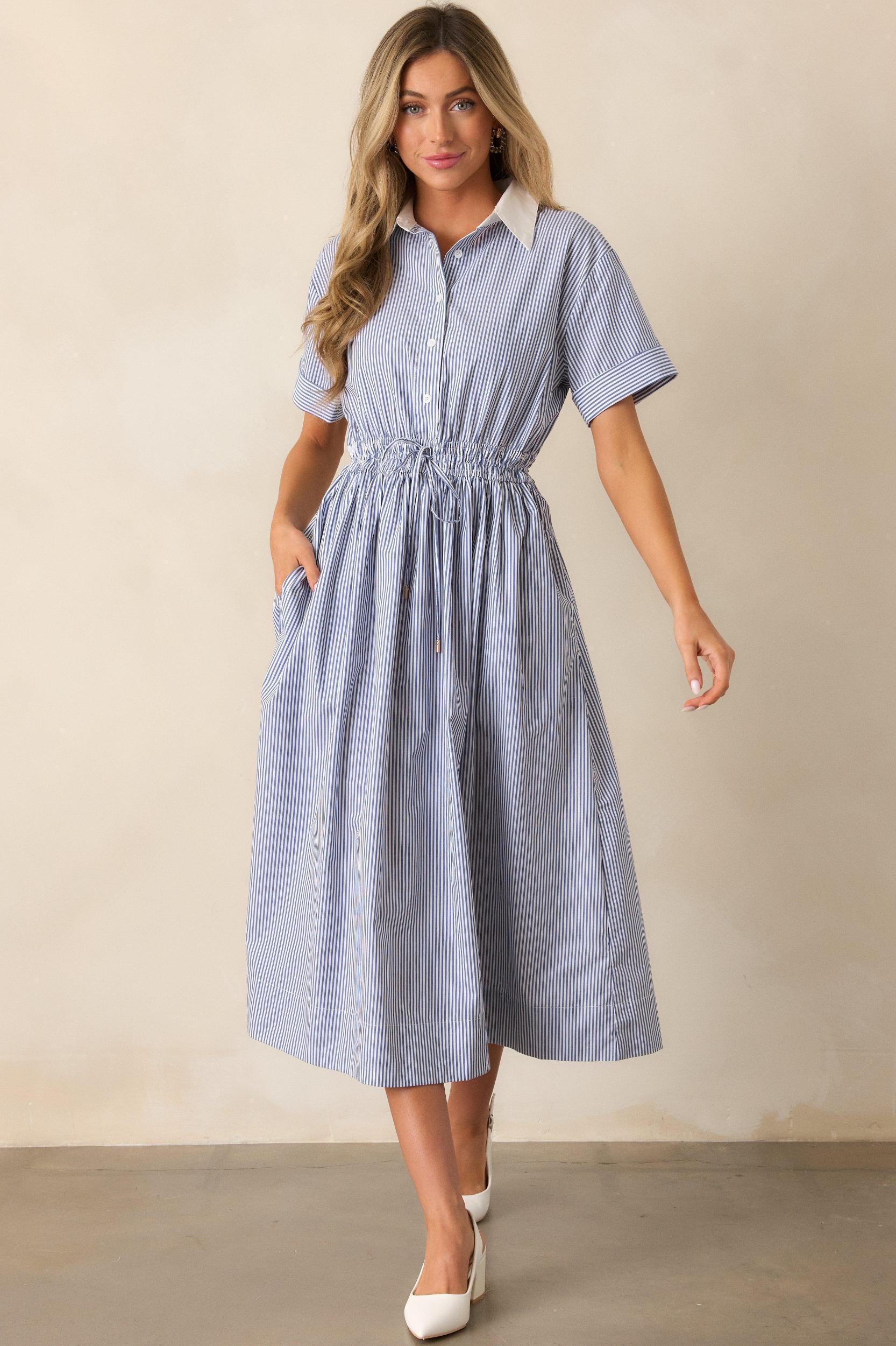 Making My Way Home Cotton Blue Stripe Short Sleeve Maxi Dress Product Image