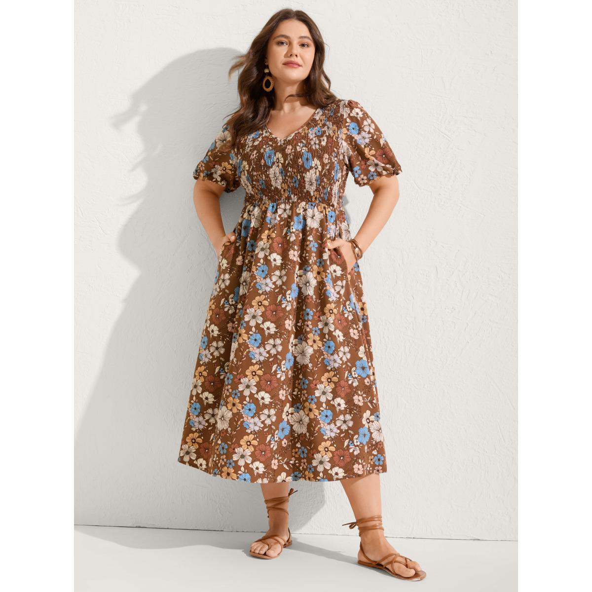 Plus Size Fall Florals Shirred Bodice Midi Dress Yellowishbrown Women V-neck Short sleeve Curvy BloomChic 28/5X Product Image
