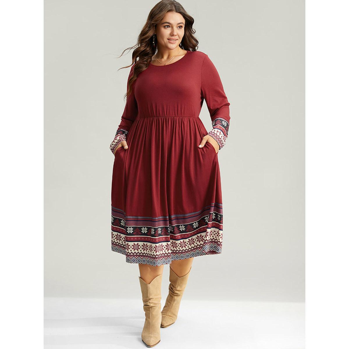 Plus Size Christmas Boho Print Patchwork Elastic Waist Dress Raspberry Women Casual Gathered Round Neck Long Sleeve Curvy Midi Dress BloomChic 10/M Product Image